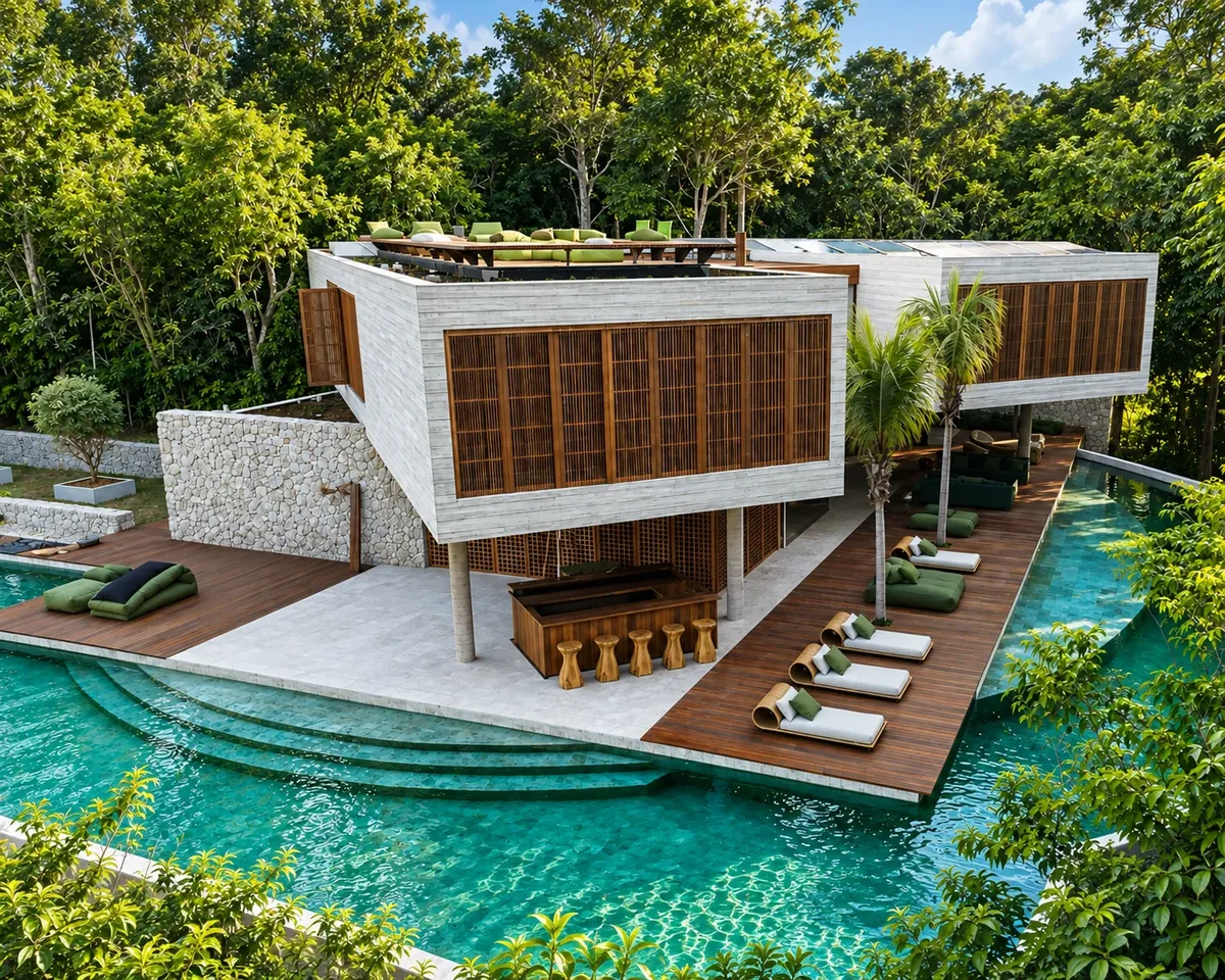 Casa de alto padrão em construção a seco, com piscina